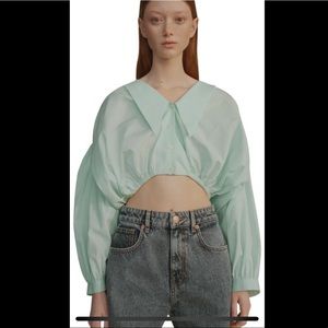 Zara GATHERED BUTTON UP V-NECK CROPPED SHIRT W/ SHOULDER PADS